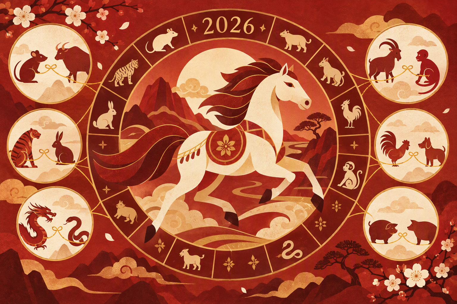 Warm editorial illustration of the galloping zodiac Horse inside a 2026 calendar wheel, with paired animal silhouettes linked by golden threads