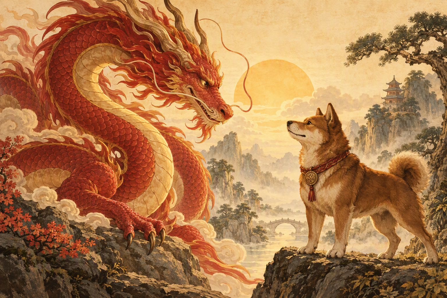Editorial illustration of a majestic Chinese dragon and a loyal guardian dog facing each other