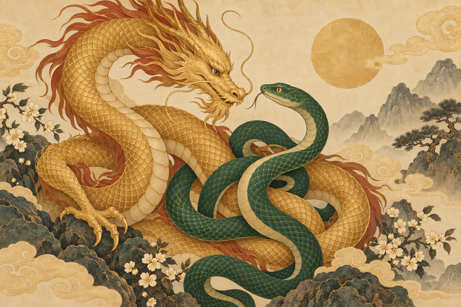 Editorial illustration of a golden dragon and an emerald snake facing each other on a warm parchment background