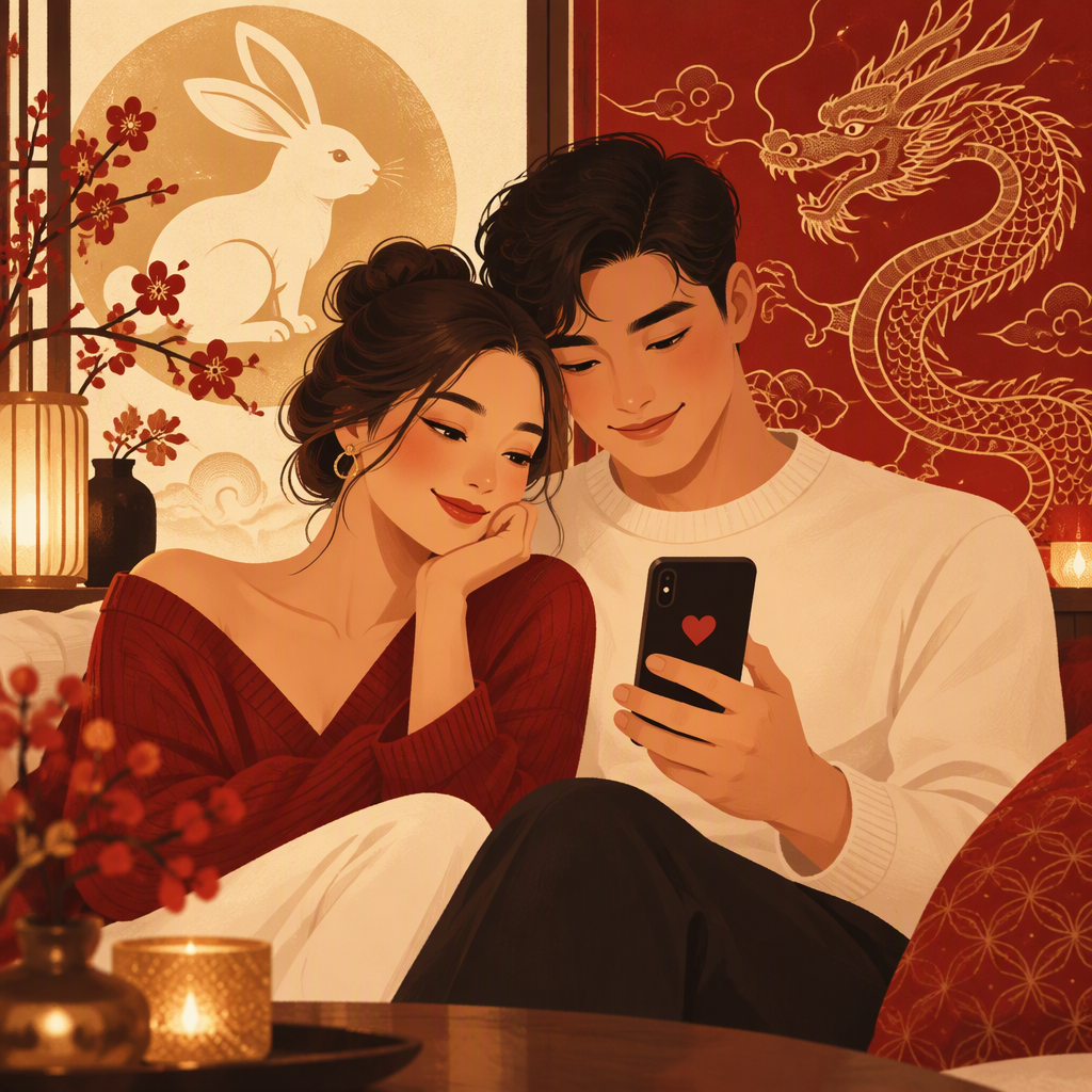 Warm editorial illustration of a modern couple looking at a dating app with subtle Chinese zodiac animal motifs
