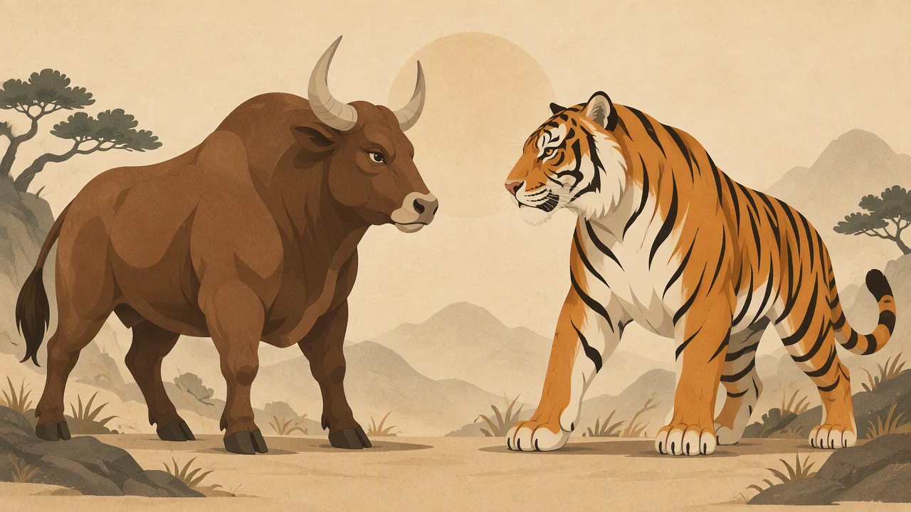 Editorial illustration of a calm earthy ox and a bold striped tiger facing each other on a warm parchment background