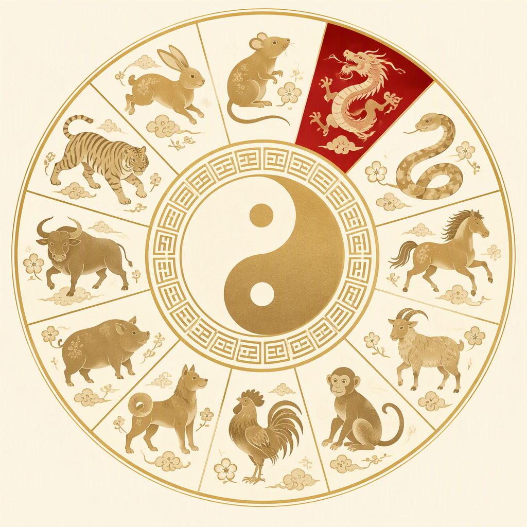 Chinese zodiac wheel with one sign highlighted to show where a same-sign pair overlaps