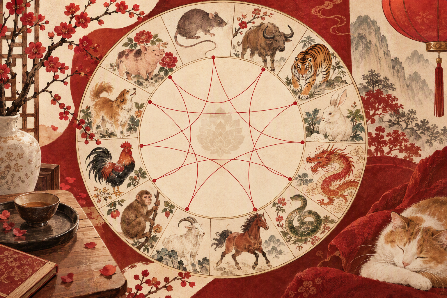 Warm editorial illustration of the twelve Chinese zodiac animals around a circular matching chart with red thread linking the clashing pairs