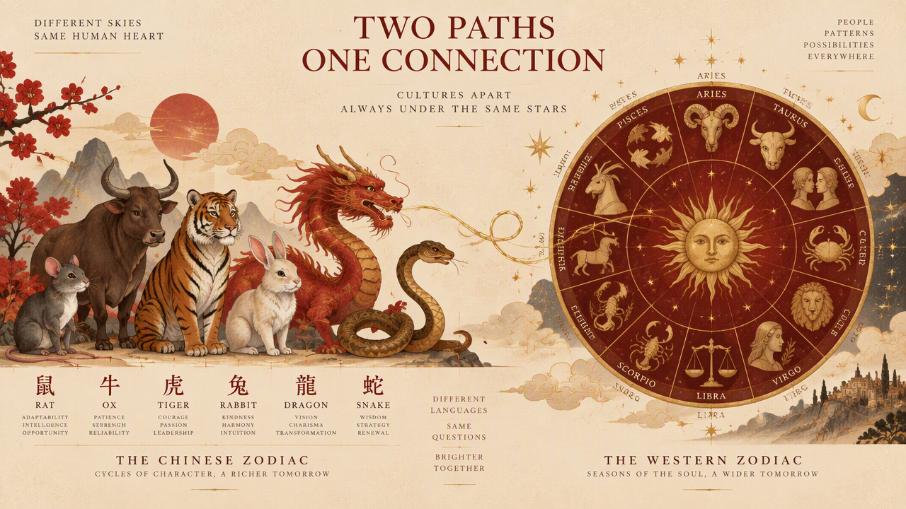 Warm editorial illustration placing the Chinese zodiac animals beside a western astrology wheel, joined by a golden thread